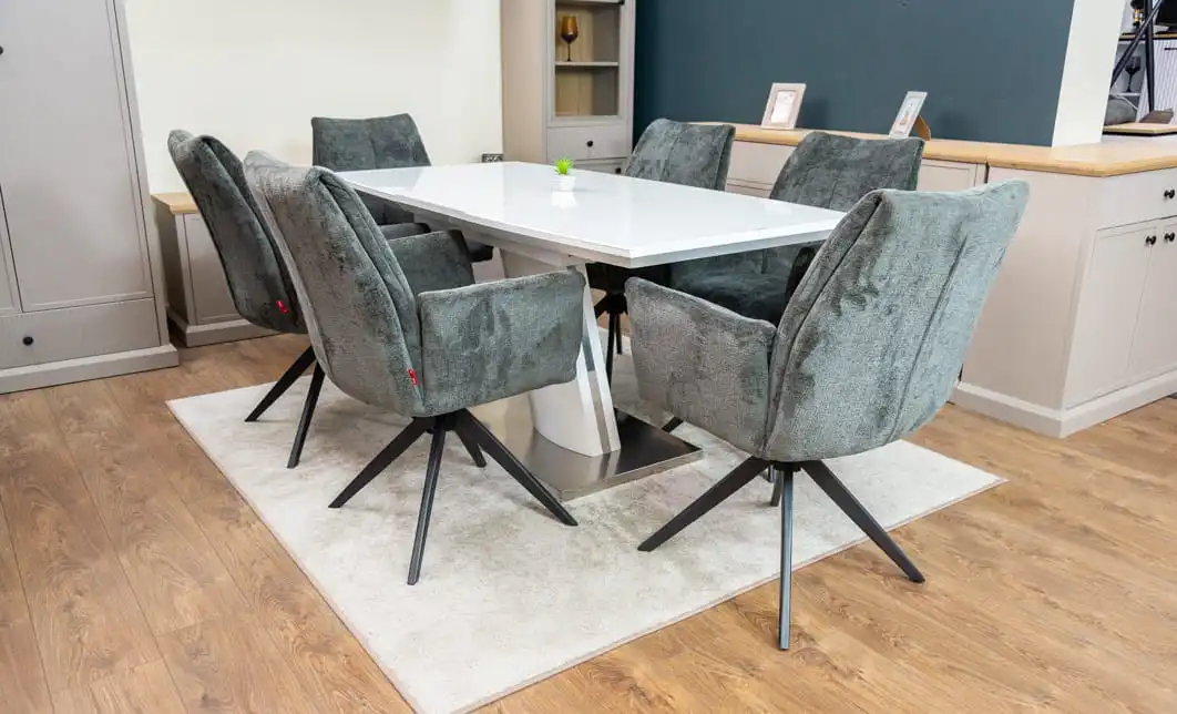 Set Masă Living Extensibilă KJT380 Blat Lucios Alb cu 6 Scaune Rotative DCM0601AS Gri Închis 2