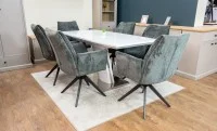 Set Masă Living Extensibilă KJT380 Blat Lucios Alb cu 6 Scaune Rotative DCM0601AS Gri Închis 2