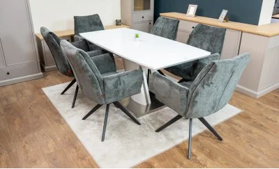 Set Masă Living Extensibilă KJT380 Blat Lucios Alb cu 6 Scaune Rotative DCM0601AS Gri Închis
