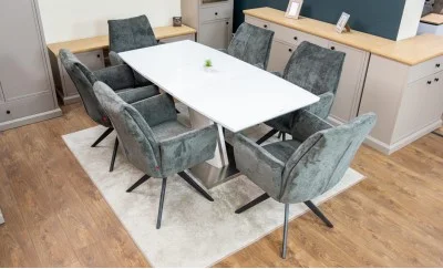 Set Masă Living Extensibilă KJT380 Blat Lucios Alb cu 6 Scaune Rotative DCM0601AS Gri Închis