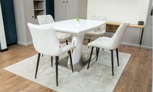 Set Masă Living Extensibilă KJT380 Blat Lucios Alb cu 4 Scaune Tapițate KJC0357 Bej