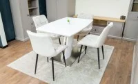 Set Masă Living Extensibilă KJT380 Blat Lucios Alb cu 4 Scaune Tapițate KJC0357 Bej 4