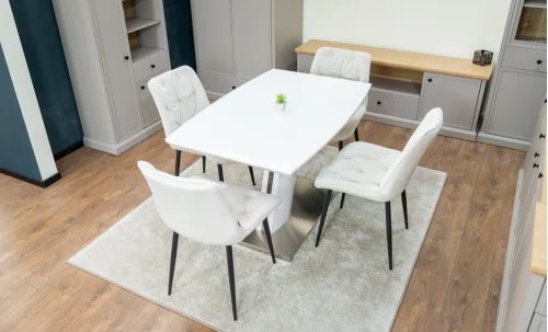 Set Masă Living Extensibilă KJT380 Blat Lucios Alb cu 4 Scaune Tapițate KJC0357 Bej