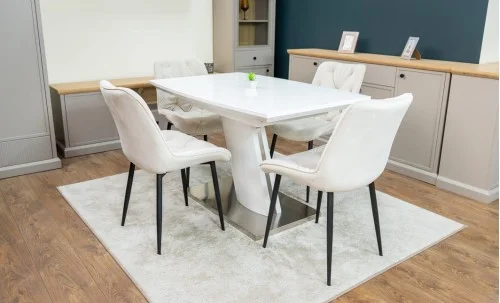 Set Masă Living Extensibilă KJT380 Blat Lucios Alb cu 4 Scaune Tapițate KJC0357 Bej