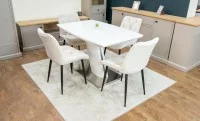 Set Masă Living Extensibilă KJT380 Blat Lucios Alb cu 4 Scaune Tapițate KJC0357 Bej