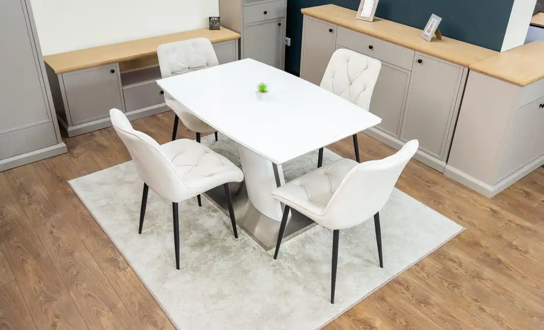Set Masă Living Extensibilă KJT380 Blat Lucios Alb cu 4 Scaune Tapițate KJC0357 Bej 1