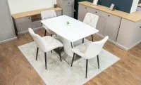 Set Masă Living Extensibilă KJT380 Blat Lucios Alb cu 4 Scaune Tapițate KJC0357 Bej 1