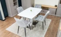 Set Masă Living Extensibilă KJT380 Blat Lucios Alb cu 4 Scaune Tapițate KJC0357 Gri 5