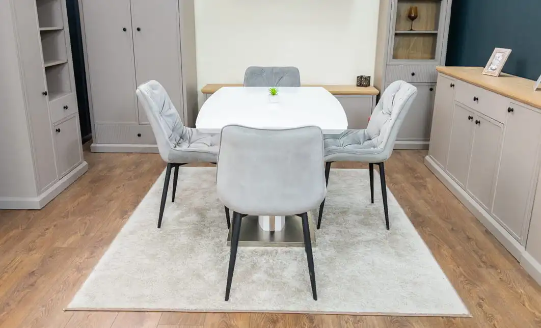 Set Masă Living Extensibilă KJT380 Blat Lucios Alb cu 4 Scaune Tapițate KJC0357 Gri 6