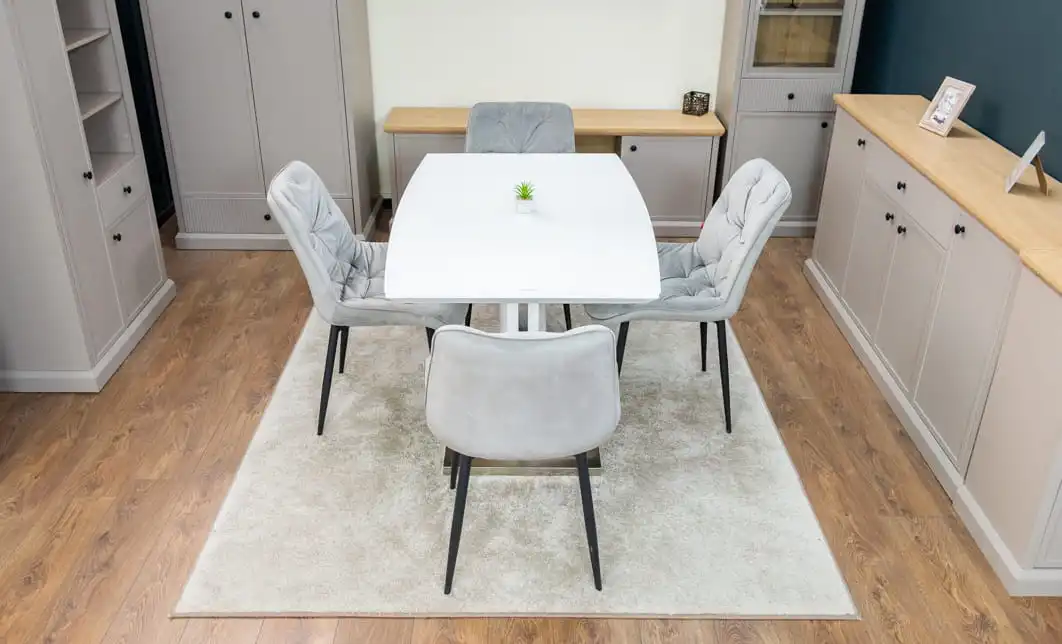 Set Masă Living Extensibilă KJT380 Blat Lucios Alb cu 4 Scaune Tapițate KJC0357 Gri 7