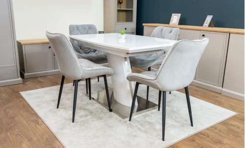 Set Masă Living Extensibilă KJT380 Blat Lucios Alb cu 4 Scaune Tapițate KJC0357 Gri