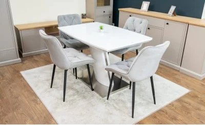 Set Masă Living Extensibilă KJT380 Blat Lucios Alb cu 4 Scaune Tapițate KJC0357 Gri