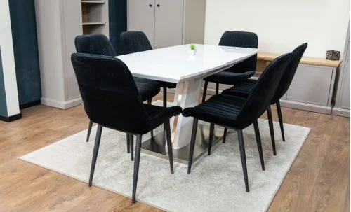Set Masă Living Extensibilă KJT380 Blat Lucios Alb cu 6 Scaune Tapițate KJC176 Negre