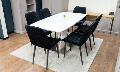 Set Masă Living Extensibilă KJT380 Blat Lucios Alb cu 6 Scaune Tapițate KJC176 Negre