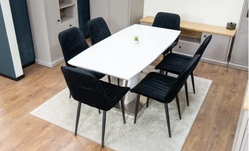 Set Masă Living Extensibilă KJT380 Blat Lucios Alb cu 6 Scaune Tapițate KJC176 Negre