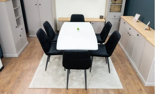 Set Masă Living Extensibilă KJT380 Blat Lucios Alb cu 6 Scaune Tapițate KJC176 Negre