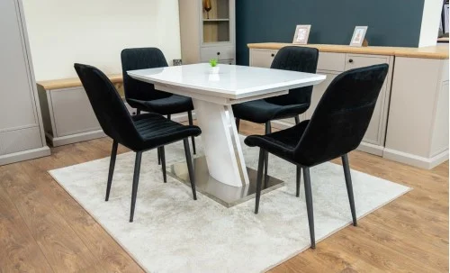 Set Masă Living Extensibilă KJT380 Blat Lucios Alb cu 4 Scaune Tapițate KJC176 Negre