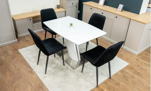 Set Masă Living Extensibilă KJT380 Blat Lucios Alb cu 4 Scaune Tapițate KJC176 Negre
