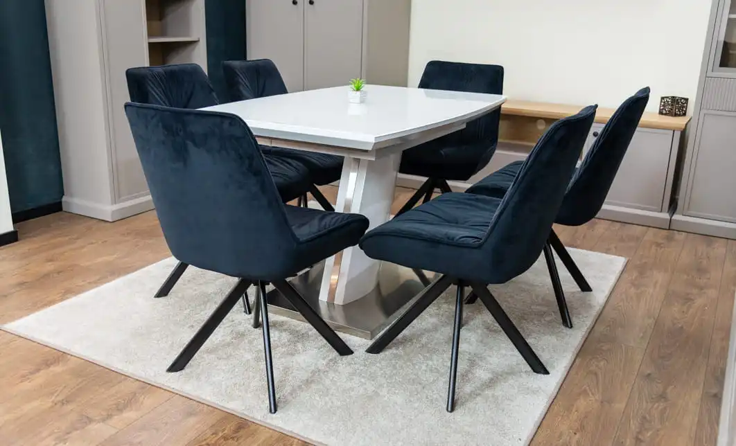 Set Masă Living Extensibilă KJT380 Blat Lucios Alb cu 6 Scaune Rotative KJC356 Negre 3