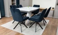 Set Masă Living Extensibilă KJT380 Blat Lucios Alb cu 6 Scaune Rotative KJC356 Negre 3