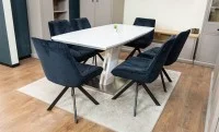 Set Masă Living Extensibilă KJT380 Blat Lucios Alb cu 6 Scaune Rotative KJC356 Negre 6