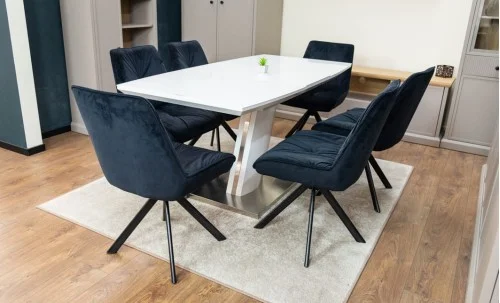 Set Masă Living Extensibilă KJT380 Blat Lucios Alb cu 6 Scaune Rotative KJC356 Negre