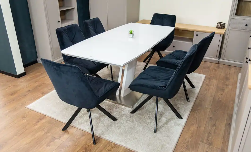Set Masă Living Extensibilă KJT380 Blat Lucios Alb cu 6 Scaune Rotative KJC356 Negre 5