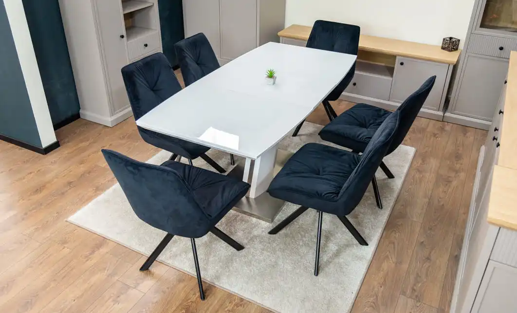 Set Masă Living Extensibilă KJT380 Blat Lucios Alb cu 6 Scaune Rotative KJC356 Negre 4