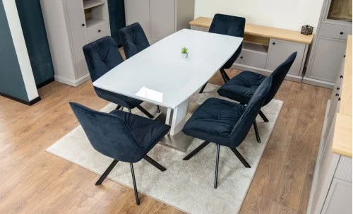 Set Masă Living Extensibilă KJT380 Blat Lucios Alb cu 6 Scaune Rotative KJC356 Negre