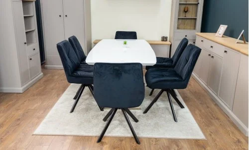 Set Masă Living Extensibilă KJT380 Blat Lucios Alb cu 6 Scaune Rotative KJC356 Negre