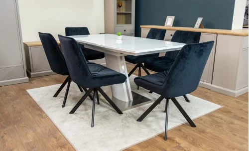 Set Masă Living Extensibilă KJT380 Blat Lucios Alb cu 6 Scaune Rotative KJC356 Negre