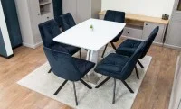 Set Masă Living Extensibilă KJT380 Blat Lucios Alb cu 6 Scaune Rotative KJC356 Negre