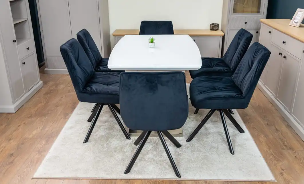 Set Masă Living Extensibilă KJT380 Blat Lucios Alb cu 6 Scaune Rotative KJC356 Negre