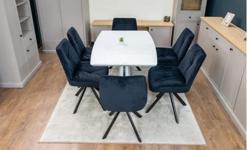 Set Masă Living Extensibilă KJT380 Blat Lucios Alb cu 6 Scaune Rotative KJC356 Negre