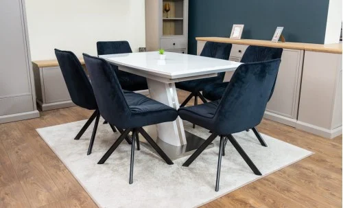 Set Masă Living Extensibilă KJT380 Blat Lucios Alb cu 6 Scaune Rotative KJC356 Negre
