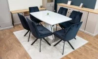 Set Masă Living Extensibilă KJT380 Blat Lucios Alb cu 6 Scaune Rotative KJC356 Negre