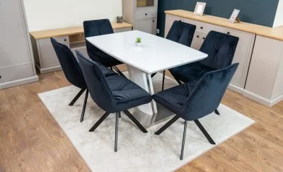 Set Masă Living Extensibilă KJT380 Blat Lucios Alb cu 6 Scaune Rotative KJC356 Negre
