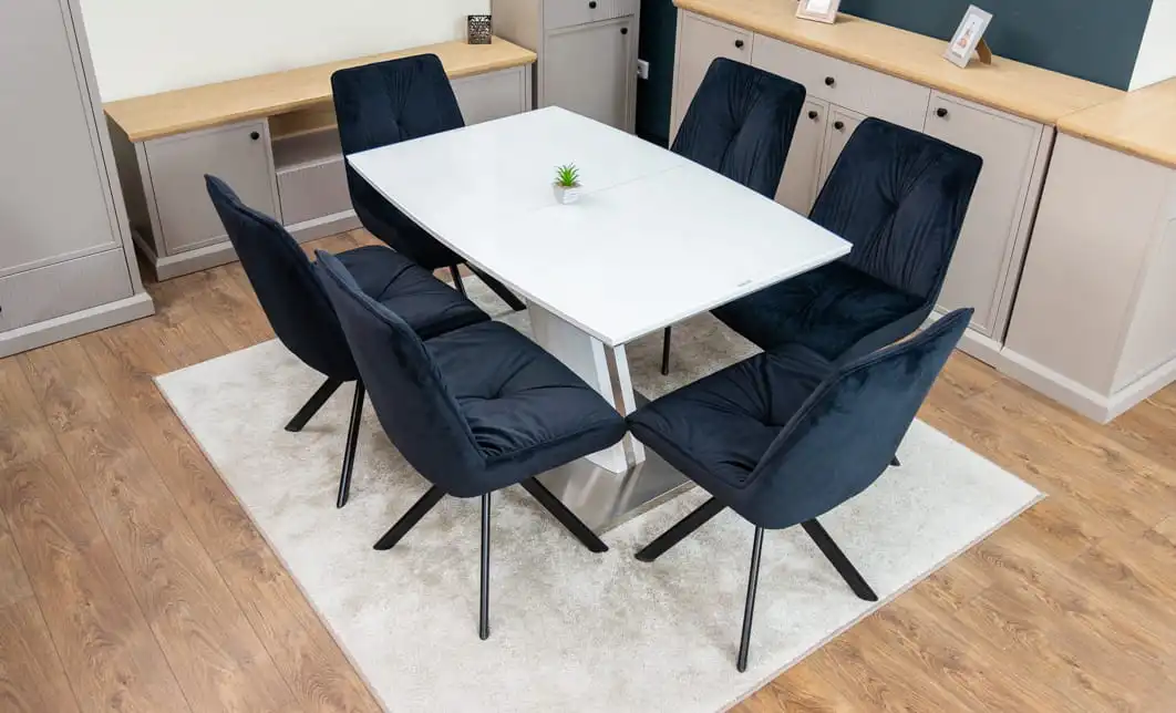 Set Masă Living Extensibilă KJT380 Blat Lucios Alb cu 6 Scaune Rotative KJC356 Negre 1