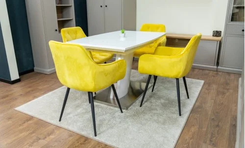 Set Masă Living Extensibilă KJT380 Blat Lucios Alb cu 4 Scaune KJC38 Galbene