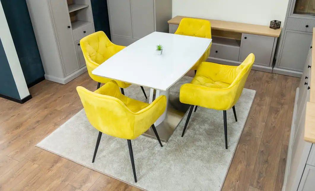 Set Masă Living Extensibilă KJT380 Blat Lucios Alb cu 4 Scaune KJC38 Galbene 5