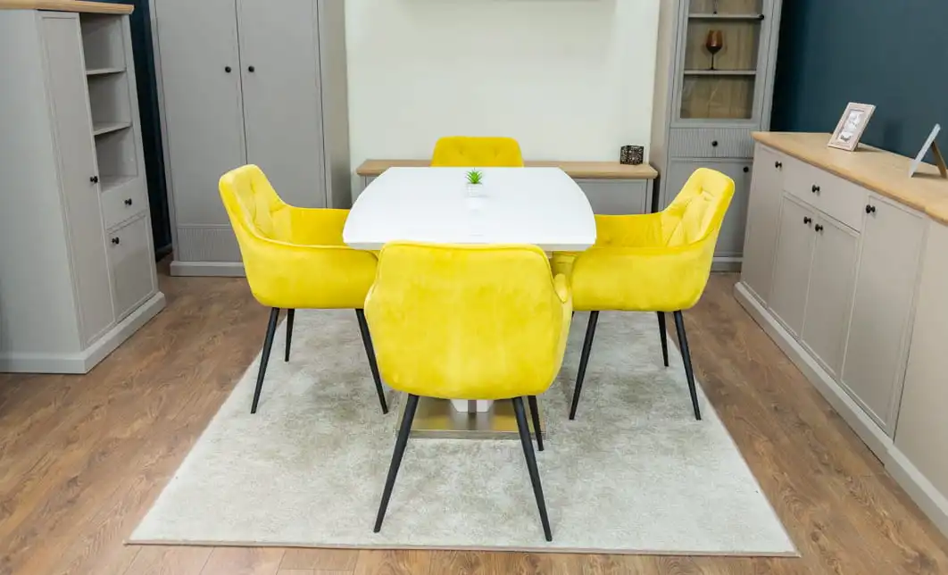 Set Masă Living Extensibilă KJT380 Blat Lucios Alb cu 4 Scaune KJC38 Galbene 6