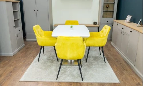 Set Masă Living Extensibilă KJT380 Blat Lucios Alb cu 4 Scaune KJC38 Galbene