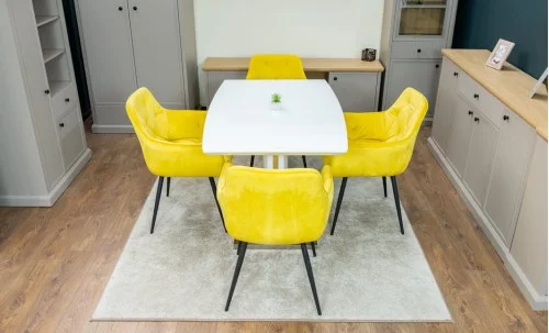 Set Masă Living Extensibilă KJT380 Blat Lucios Alb cu 4 Scaune KJC38 Galbene