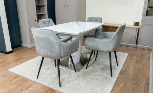 Set Masă Living Extensibilă KJT380 Blat Lucios Alb cu 4 Scaune KJC38 Gri