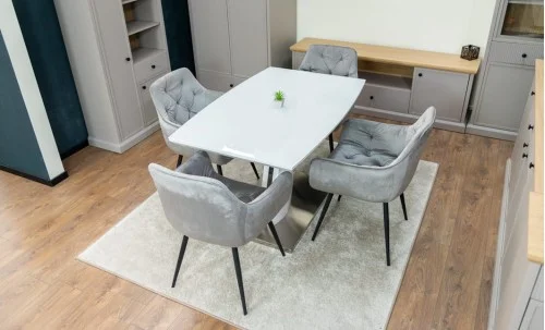 Set Masă Living Extensibilă KJT380 Blat Lucios Alb cu 4 Scaune KJC38 Gri