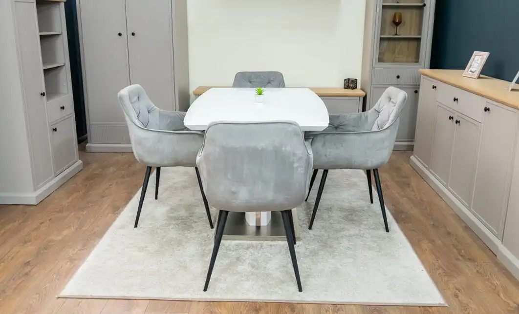 Set Masă Living Extensibilă KJT380 Blat Lucios Alb cu 4 Scaune KJC38 Gri 6