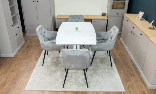 Set Masă Living Extensibilă KJT380 Blat Lucios Alb cu 4 Scaune KJC38 Gri