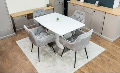 Set Masă Living Extensibilă KJT380 Blat Lucios Alb cu 4 Scaune KJC38 Gri
