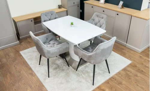 Set Masă Living Extensibilă KJT380 Blat Lucios Alb cu 4 Scaune KJC38 Gri