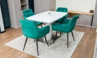 Set Masă Living Extensibilă KJT380 Blat Lucios Alb cu 4 Scaune KJC38 Verzi 4